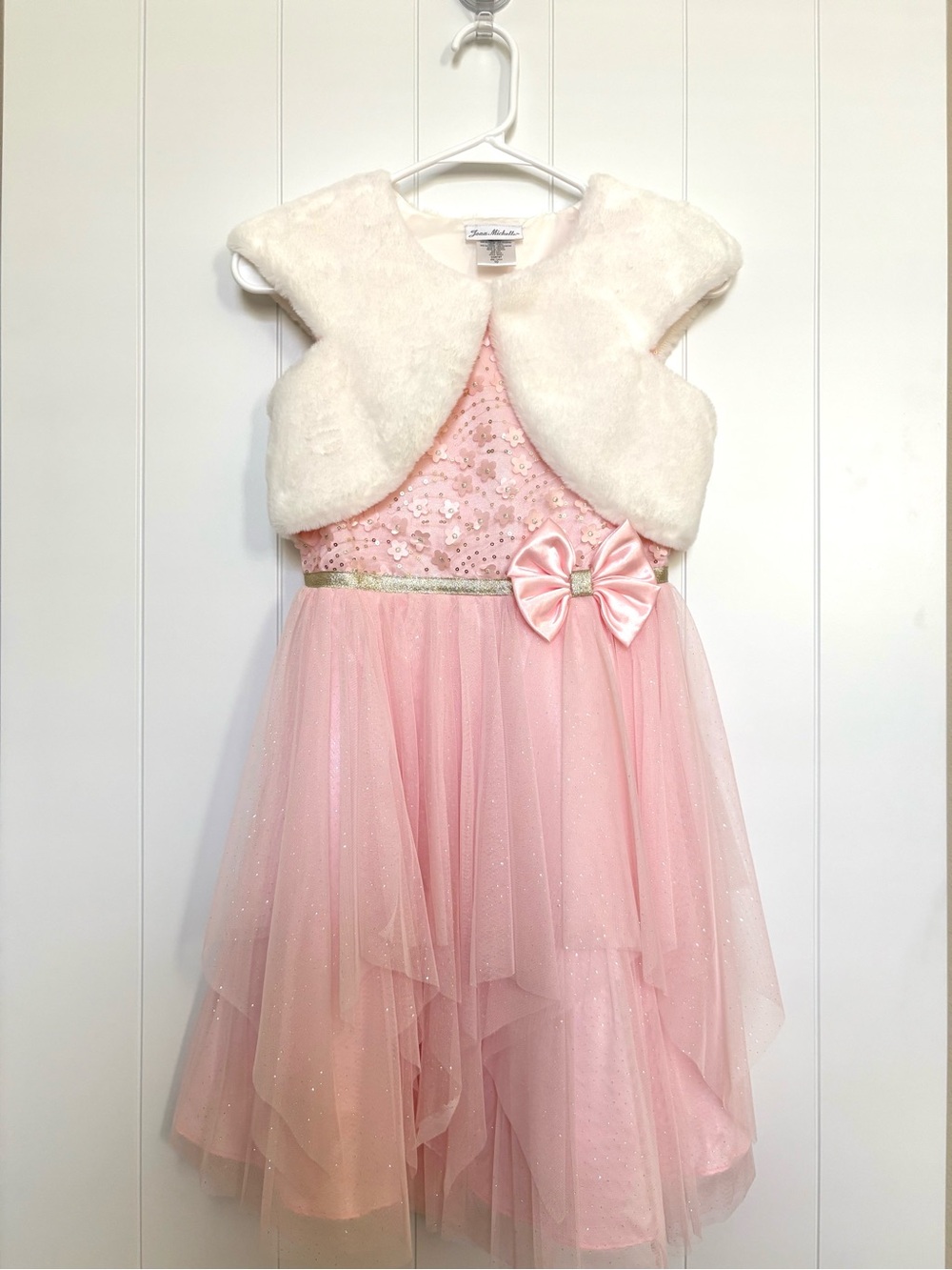Jona Michelle Pink Sequin Tulle Dress with Ivory Faux Fur Bolero